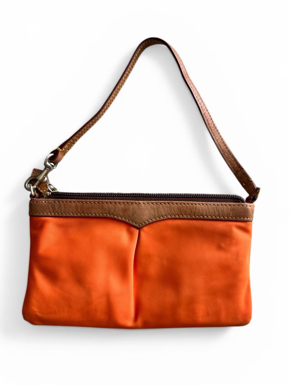 Dooney & Bourke nylon wristlet/pouch in orange with brown leather trim - Picture 2 of 8